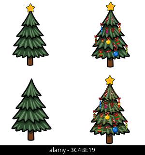 Vector illustration of four stylized Christmas trees, two decorated and two undecorated, showcasing a playful, cartoonish style with vibrant colors an Stock Vector