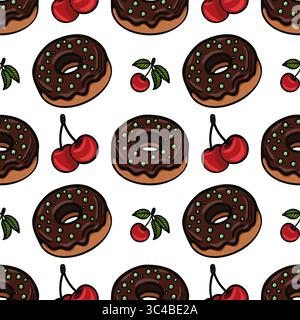 A vector  seamless pattern featuring chocolate donuts with green sprinkles and red cherries with green leaves on a white background. Stock Vector