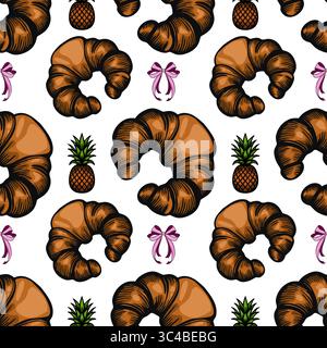 A vector  seamless pattern featuring croissants, pineapples, and bows on a white background. The croissants are illustrated in a rich brown color, whi Stock Vector
