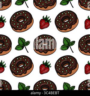 A vector  seamless pattern featuring chocolate donuts with green sprinkles, fresh strawberries, and mint leaves on a white background. Stock Vector