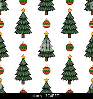 Seamless vector pattern featuring stylized Christmas trees, stars, and ornaments in a cheerful, cartoonish style, perfect for festive designs and wint Stock Vector