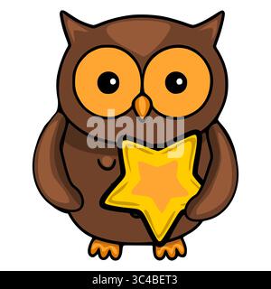 Adorable vector illustration of a brown owl holding a golden star, showcasing a charming cartoon style with bold outlines and vibrant orange accents. Stock Vector