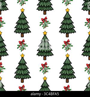 Seamless vector Christmas pattern featuring stylized Christmas trees adorned with yellow stars, complemented by mistletoe sprigs tied with red bows, c Stock Vector