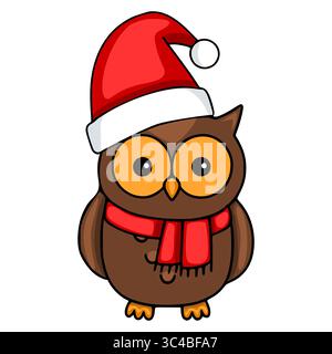 Adorable vector illustration of a brown owl wearing a red Santa hat and scarf, perfect for Christmas-themed designs. Stock Vector