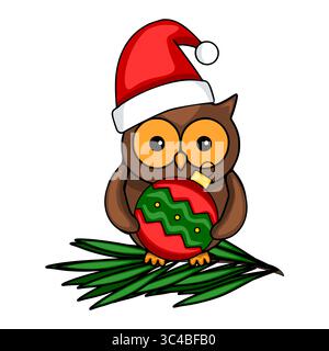 Festive vector illustration of a cute cartoon owl wearing a Santa hat and holding a Christmas bauble, perched on a stylized fir branch. Stock Vector