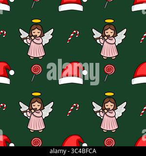 Seamless vector Christmas pattern with cute angels playing flutes, Santa hats, candy canes, and lollipops on a dark green background. Stock Vector