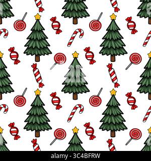 Seamless vector pattern featuring charming Christmas trees adorned with golden stars, alongside vibrant lollipops, candy canes, and wrapped sweets, cr Stock Vector