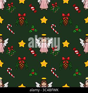 Seamless vector Christmas pattern with cute angels, candy canes, pine cones, and holly berries on a dark green background, perfect for festive holiday Stock Vector