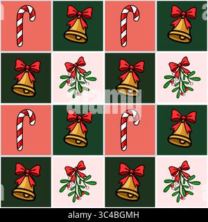 Seamless vector Christmas pattern with candy canes, bells with red bows, and mistletoe sprigs on a checkered background, perfect for festive designs. Stock Vector