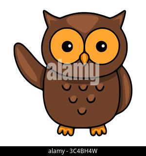 Adorable brown vector owl with orange eyes waving its wing, showcasing a friendly and playful character design ideal for childrens books or educationa Stock Vector