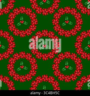 Seamless vector Christmas pattern with red poinsettia flowers and holly berries on a dark green background, perfect for festive design projects. Stock Vector