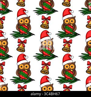 Seamless vector pattern featuring adorable owls in Santa hats, holding Christmas baubles, nestled on fir branches, interspersed with golden bells and Stock Vector