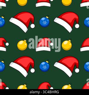 Seamless vector Christmas pattern featuring red Santa hats, blue and yellow baubles on a dark green background, ideal for festive wrapping paper or ho Stock Vector