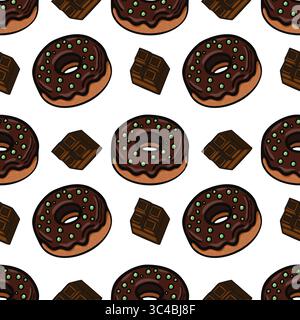 A repeating pattern featuring chocolate donuts with green sprinkles and pieces of dark chocolate on a white background. Stock Vector