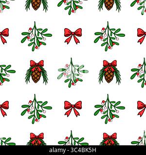 Seamless vector Christmas pattern with hand-drawn mistletoe sprigs, pine cones adorned with red bows, and vibrant red bows on a pristine white backgro Stock Vector