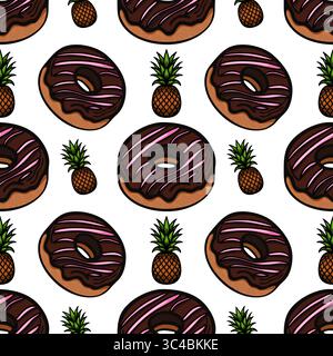 A playful pattern featuring chocolate frosted donuts with pink icing and pineapples. The design is vibrant and fun, suitable for various creative proj Stock Vector