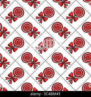 Seamless vector pattern of red lollipops with red bows on a white background, arranged in a diagonal grid, perfect for festive designs. Stock Vector