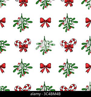 Festive Seamless Vector Pattern with Mistletoe, Candy Canes, and Bows: A Cheerful Christmas Design Stock Vector