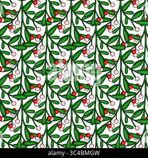 Seamless vector pattern of stylized mistletoe branches with red and pink berries on a white background, perfect for Christmas holiday designs. Stock Vector