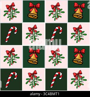 Seamless vector Christmas pattern with mistletoe, bells, candy canes, and red bows on a pink and green checkered background. Stock Vector