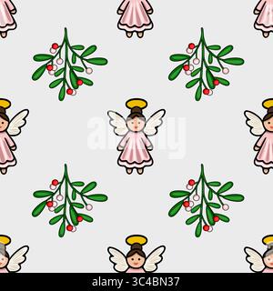 Seamless vector Christmas pattern featuring adorable angels in pink dresses and mistletoe sprigs with red and white berries, creating a charming and f Stock Vector