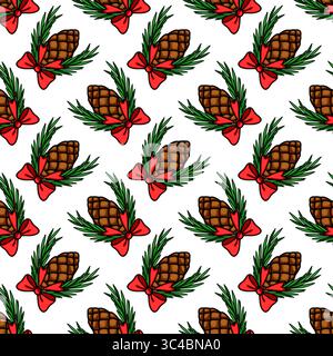 Seamless vector pattern of festive pine cones adorned with red bows and green fir branches, ideal for winter holidays designs. Stock Vector