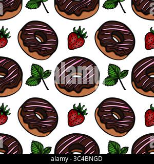 A vector  seamless pattern featuring chocolate donuts with pink icing, fresh strawberries, and green mint leaves on a white background. Stock Vector