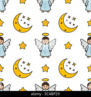Seamless vector pattern of cute angels, crescent moons, and stars, perfect for Christmas or baby-themed designs. Stock Vector