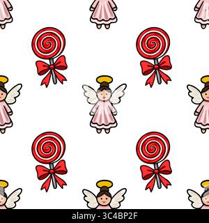 Seamless vector pattern featuring adorable cartoon angels and red lollipops with bows, perfect for festive Christmas or winter designs. Stock Vector