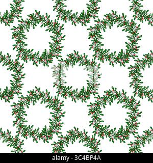 Seamless vector pattern of elegant Christmas mistletoe wreaths with red and pink berries, perfect for festive holiday designs and winter backgrounds. Stock Vector