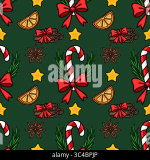 Seamless vector Christmas pattern with candy canes, cinnamon sticks, orange slices, star anise, and festive bows on a dark green background, perfect f Stock Vector