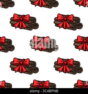 Seamless vector pattern of brown cinnamon sticks tied with red bows, a festive Christmas design perfect for wrapping paper, cards, or winter-themed pr Stock Vector