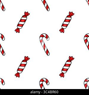 Seamless vector pattern featuring a playful arrangement of candy canes and wrapped sweets, creating a cheerful Christmas design ideal for festive back Stock Vector