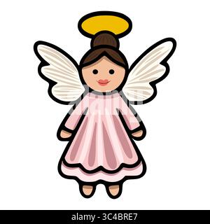 Adorable vector illustration of a cute angel girl with pink dress and beige wings, perfect for Christmas cards or childrens book illustrations. Stock Vector