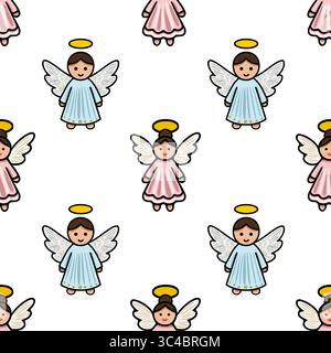 Seamless vector pattern featuring adorable cartoon angels in pastel pink and light blue dresses, adorned with golden halos and stars, creating a charm Stock Vector