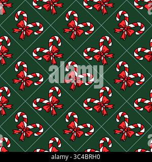 Seamless vector pattern of Christmas candy canes with red bows on a dark green background, arranged in a diagonal grid pattern with subtle geometric l Stock Vector