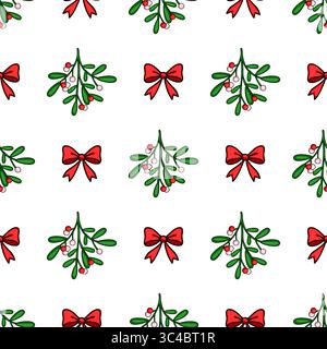 Seamless vector pattern of mistletoe sprigs and red bows, a festive Christmas design with vibrant colors and simple hand-drawn style, perfect for wint Stock Vector
