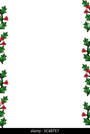 Festive Christmas vector border design featuring a repeating pattern of holly leaves and red berries, ideal for holiday cards, invitations, or festive Stock Vector
