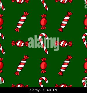 Seamless vector pattern of hand-drawn Christmas candy canes and wrapped sweets on a dark green background, creating a festive and playful design ideal Stock Vector