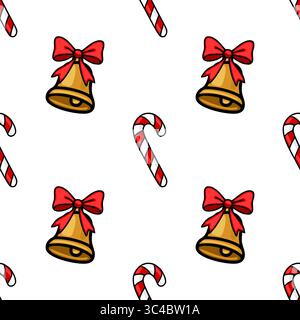 Seamless vector Christmas pattern featuring golden bells with red bows and candy canes, creating a festive and cheerful winter design ideal for holida Stock Vector