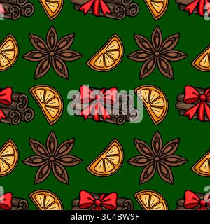Seamless vector pattern of festive Christmas spices: cinnamon sticks tied with red bows, star anise, and orange slices on a deep green background, per Stock Vector