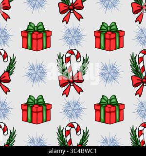 Seamless vector Christmas pattern with red and green gifts, candy canes, snowflakes, and bows, perfect for festive winter designs. Stock Vector