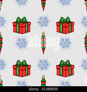 Seamless vector Christmas pattern featuring stylized red gifts with green bows, festive green and red ornaments, and light blue snowflakes on a light Stock Vector