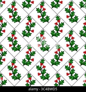 Seamless vector pattern of stylized holly branches with red berries, arranged in a diamond grid on a white background, creating a festive Christmas de Stock Vector