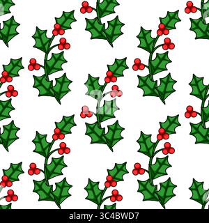 Seamless vector pattern of stylized holly branches with red berries, perfect for festive Christmas designs and winter holiday backgrounds. Stock Vector