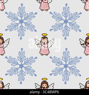 Seamless vector pattern featuring adorable angels playing flutes amidst stylized snowflakes, perfect for festive Christmas designs. Stock Vector