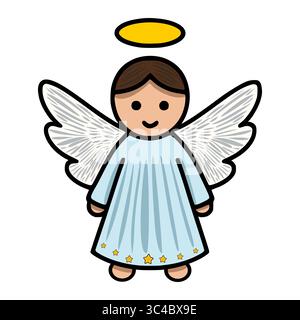 Adorable vector illustration of a Christmas angel with detailed wings and a halo, featuring a light blue robe and gold stars, perfect for festive desi Stock Vector