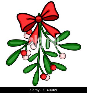 Festive vector illustration of a mistletoe sprig adorned with a vibrant red bow, featuring hand-drawn style with bold outlines and rich color palette, Stock Vector