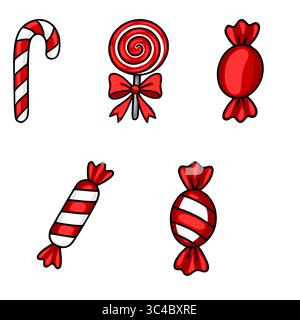 Festive red and white vector illustration of assorted Christmas candies: candy cane, lollipop with a bow, and wrapped hard candies. Stock Vector