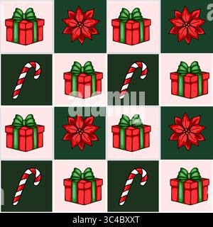 Seamless Christmas vector pattern with red gift boxes, poinsettia flowers, and candy canes on a pink and green checkered background. Stock Vector